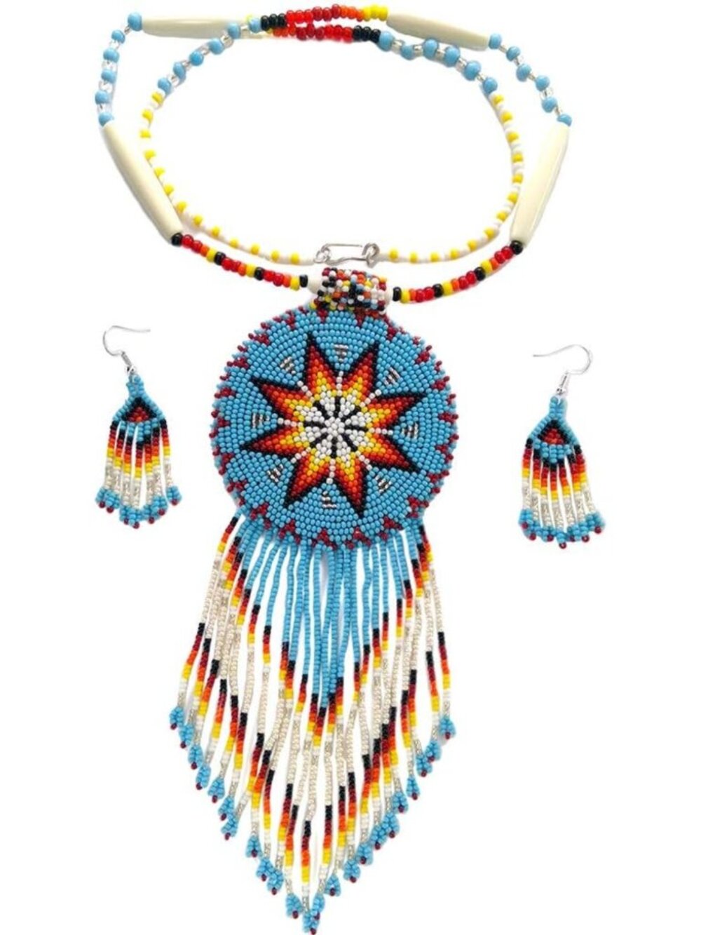 Boho Chic Beaded Necklace & Earrings Set with Large Rosette Pendant - Unique